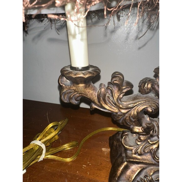 VTG Small Ornate Gilt Finished Two Light Table Lamp Beige Fabric Shades - Picture 8 of 10